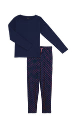 Pyjama long femme en coton bleu marine et coeur rouge - à plat
