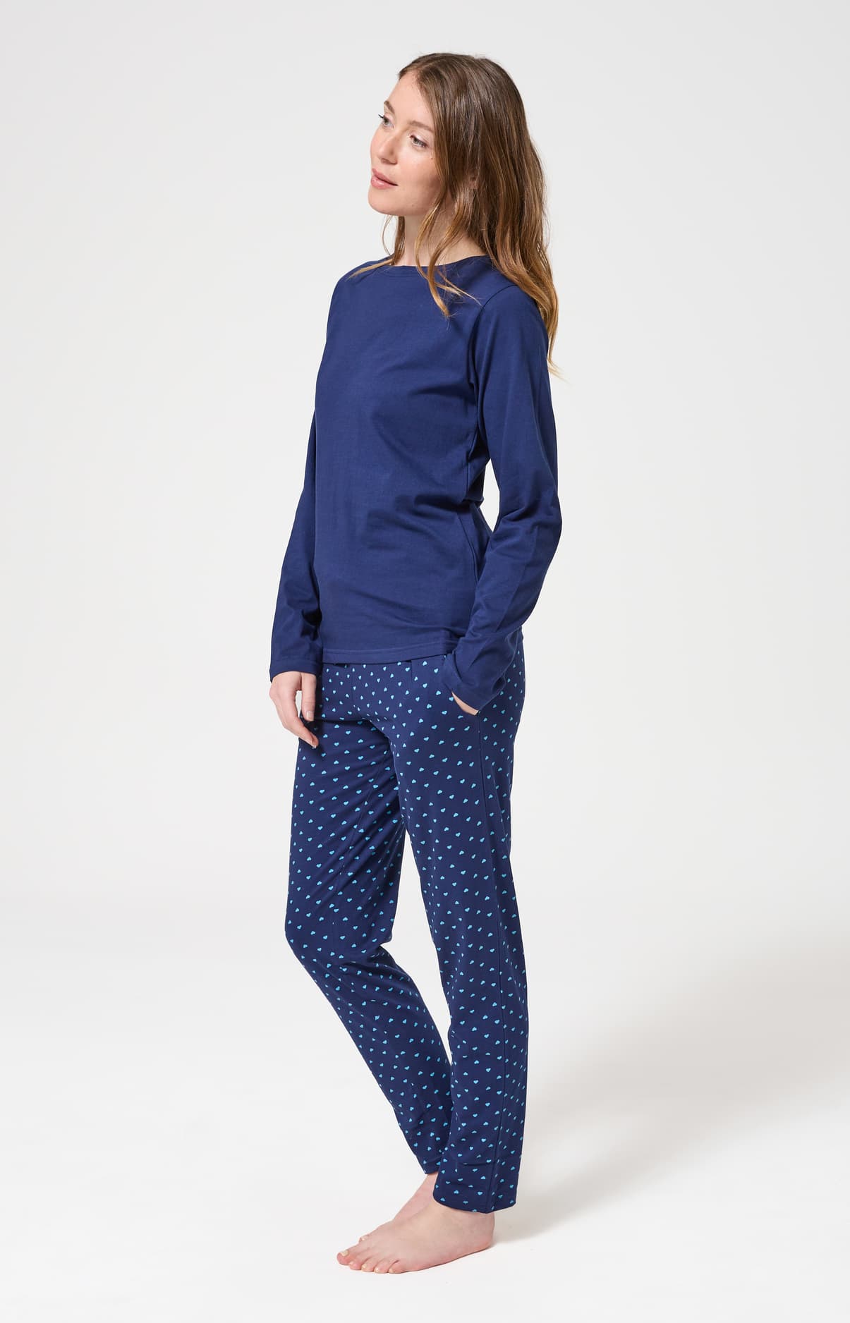 Pyjama longe en coton femme bleu marine coeur turquoise 4
