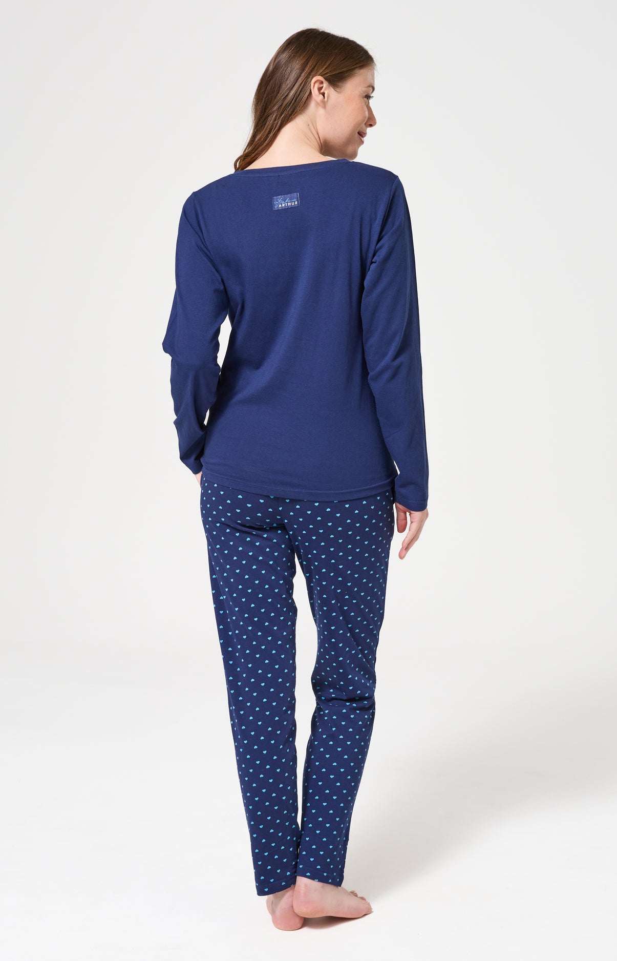 Pyjama longe en coton femme bleu marine coeur turquoise 6