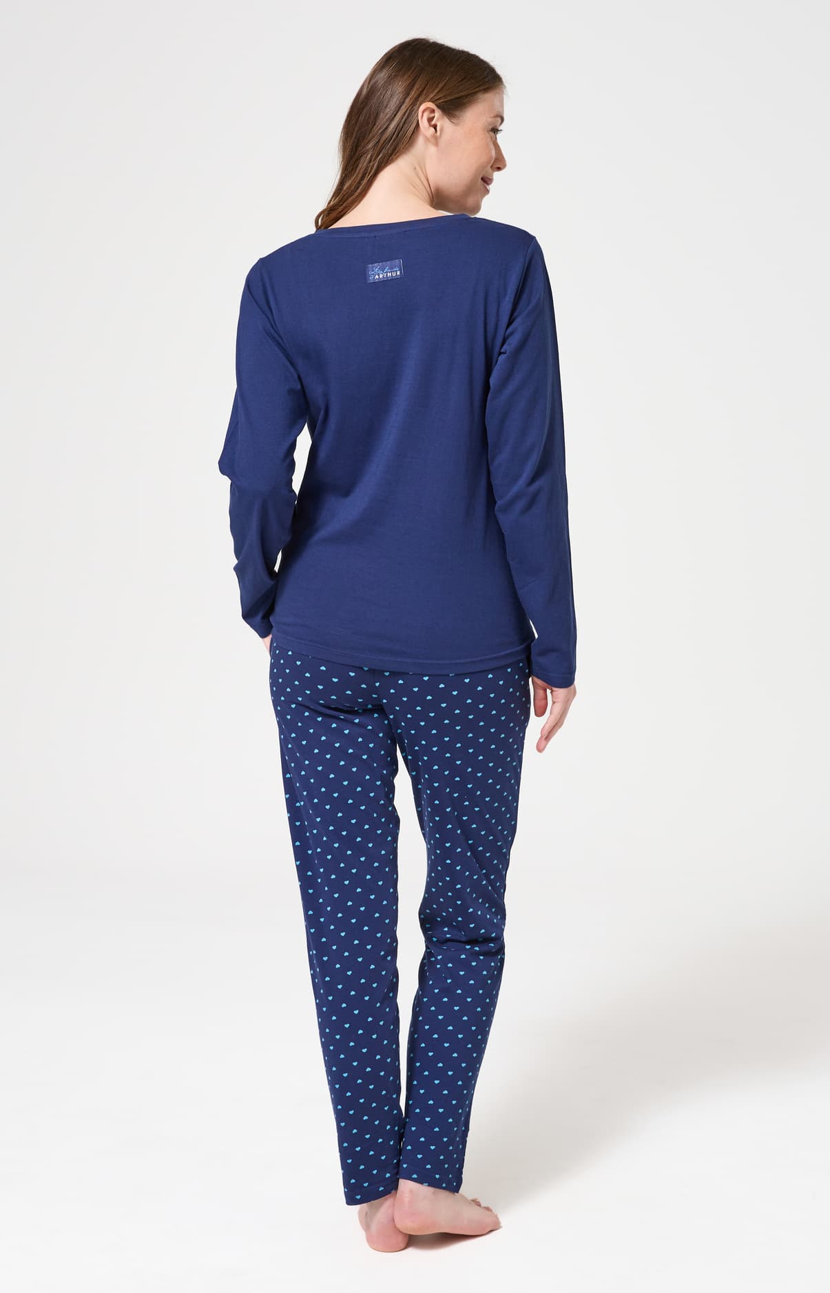 Pyjama longe en coton femme bleu marine coeur turquoise 5
