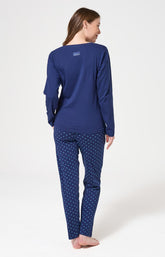 Pyjama longe en coton femme bleu marine coeur turquoise 5
