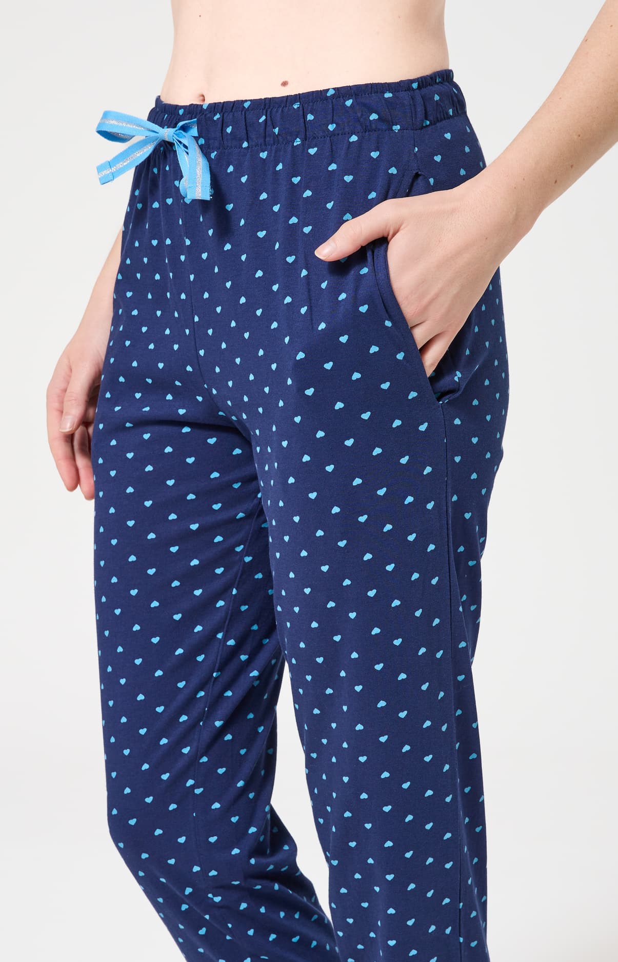 Pyjama longe en coton femme bleu marine coeur turquoise 6