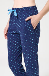 Pyjama longe en coton femme bleu marine coeur turquoise 6