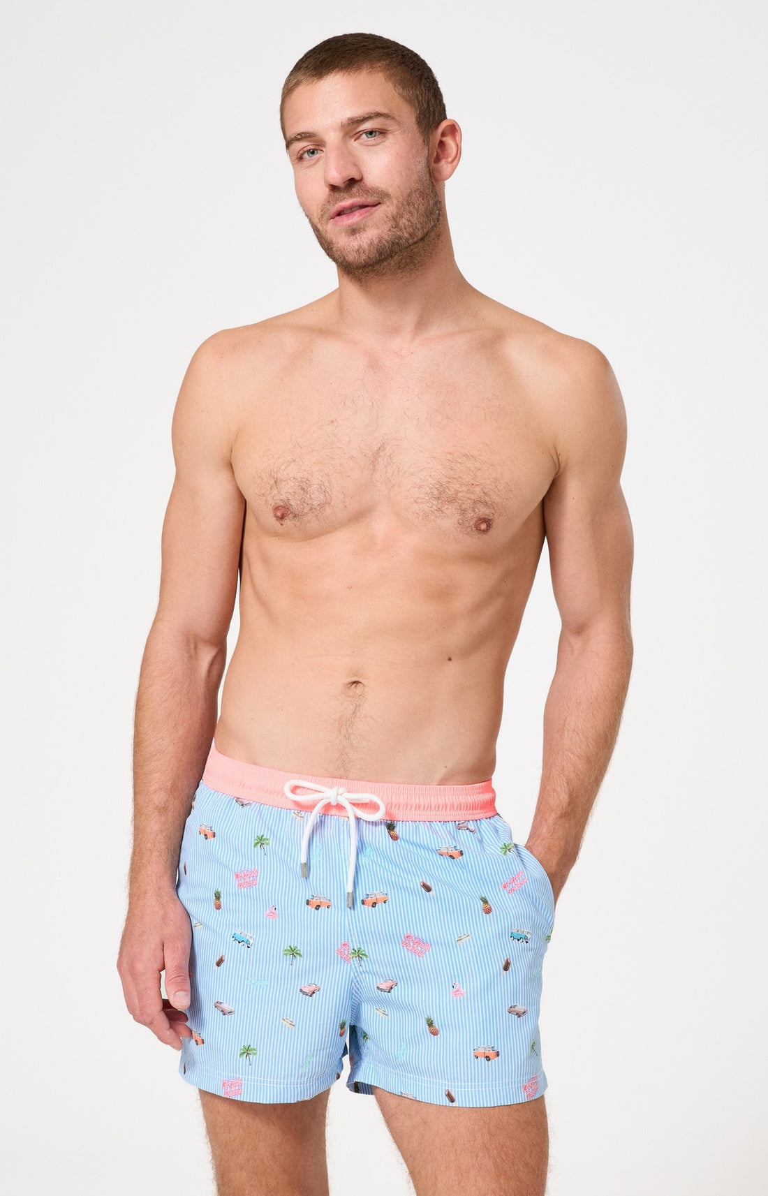 Short de bain homme Californie Imprimé Voitures et palmiers élastique rose 1