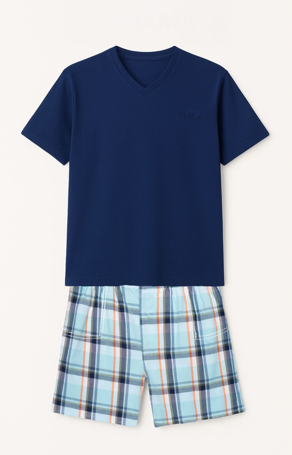 Pyjashort homme tee-shirt bleu marine et short à carreaux bleu 3