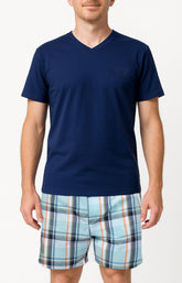 Pyjashort homme tee-shirt bleu marine et short à carreaux bleu 1