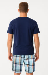 Pyjashort homme tee-shirt bleu marine et short à carreaux bleu 4
