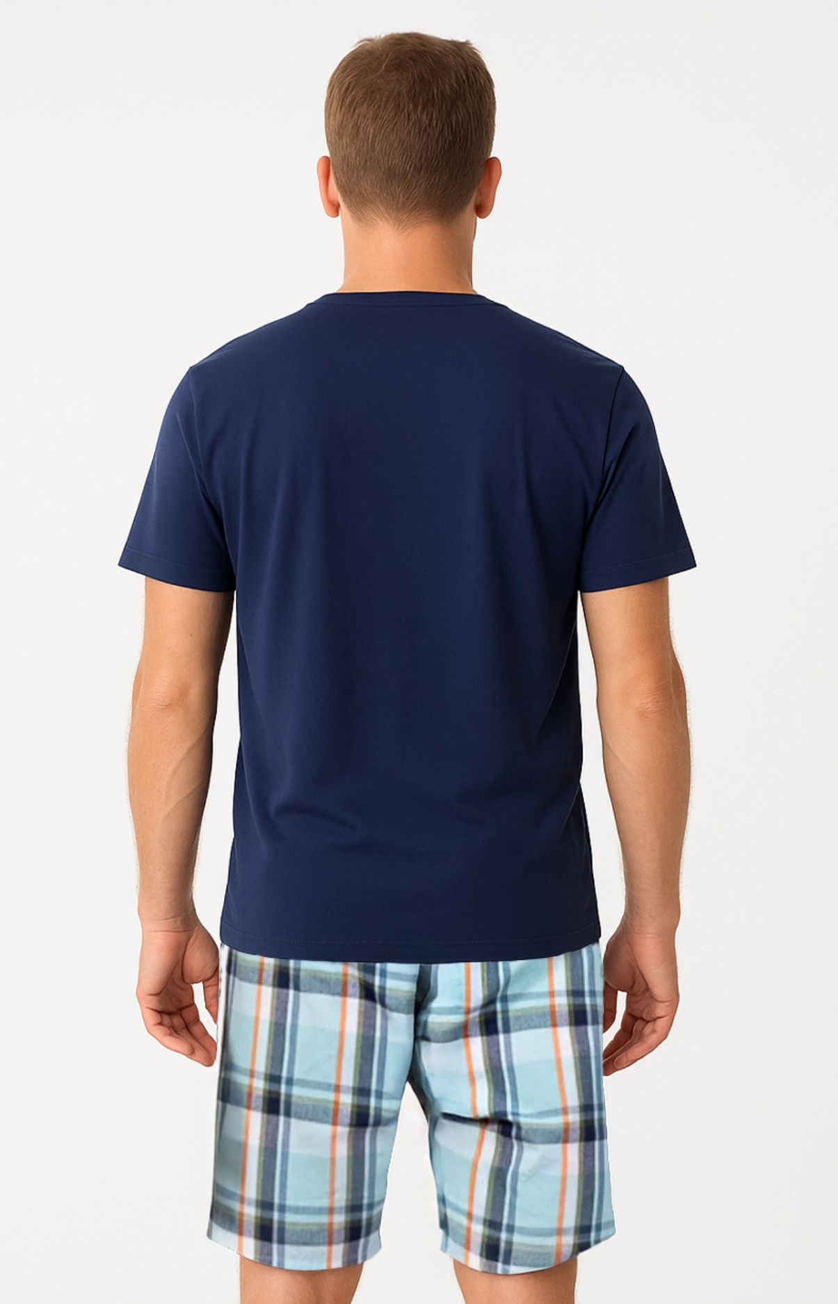 Pyjashort homme tee-shirt bleu marine et short à carreaux bleu 4