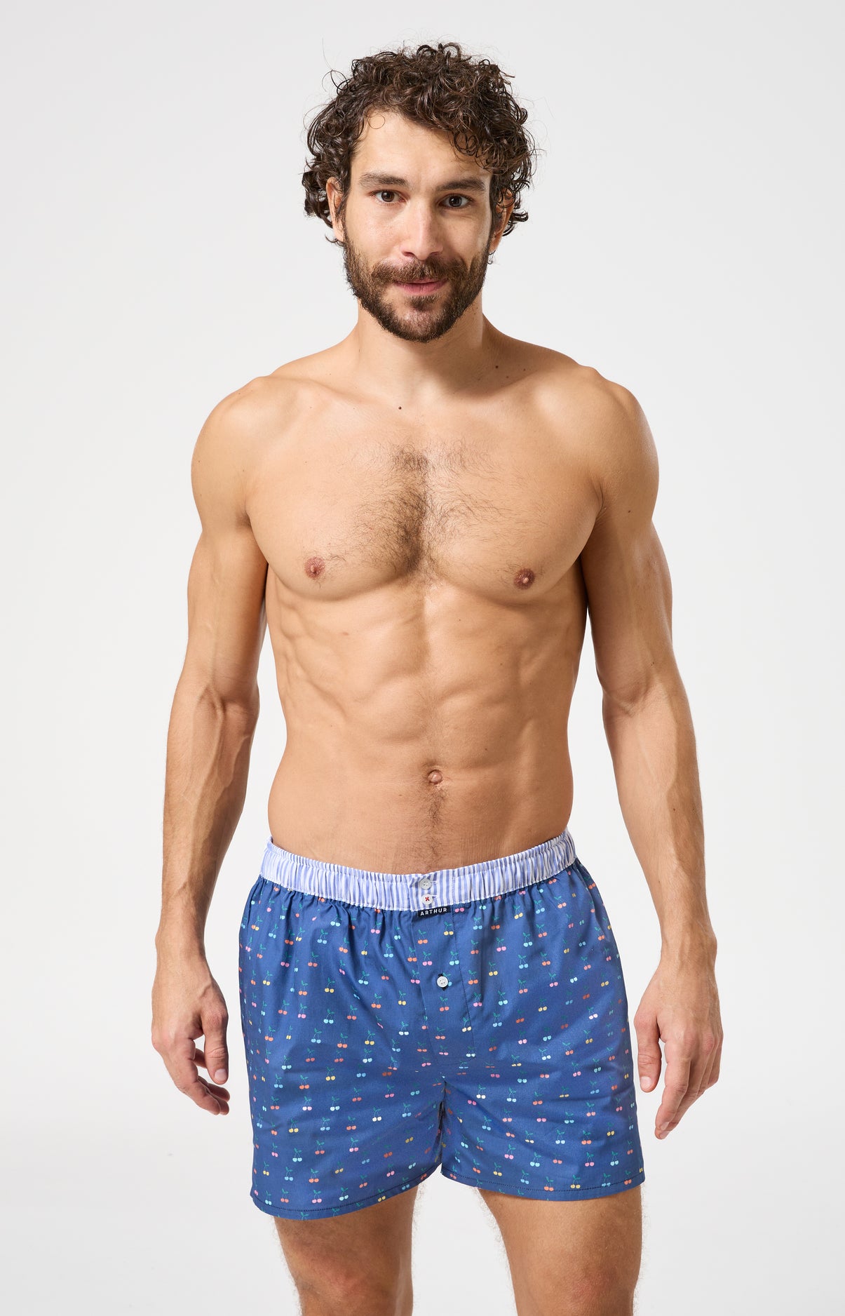 Caleçon avec suspensoir Le Club n°1202 Imprimé cerises multicolores élastique rayé bleu et blanc 2