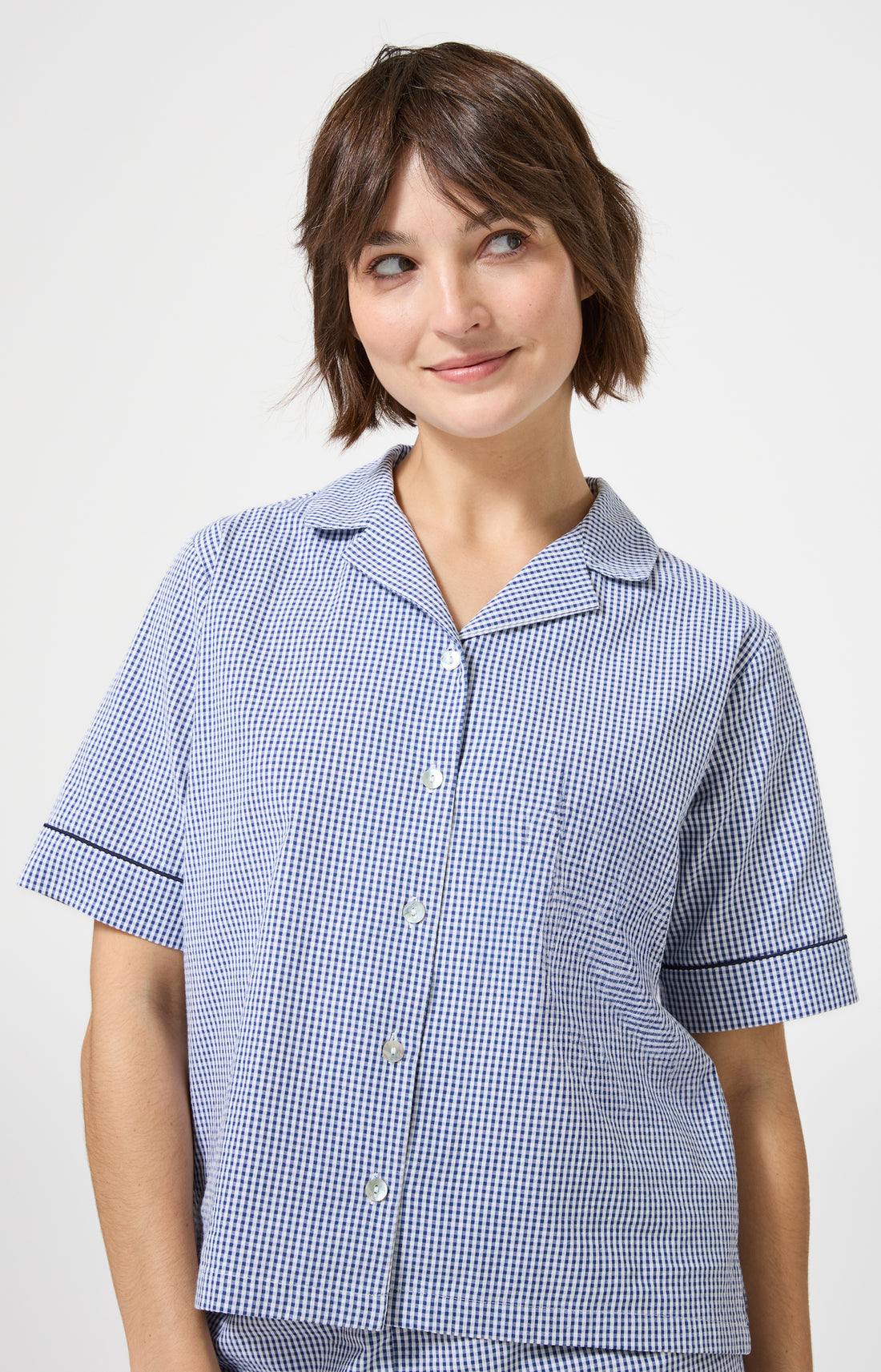 Pyjama Femme Vera Manches courtes Imprimé petits carreaux bleu et blanc 2