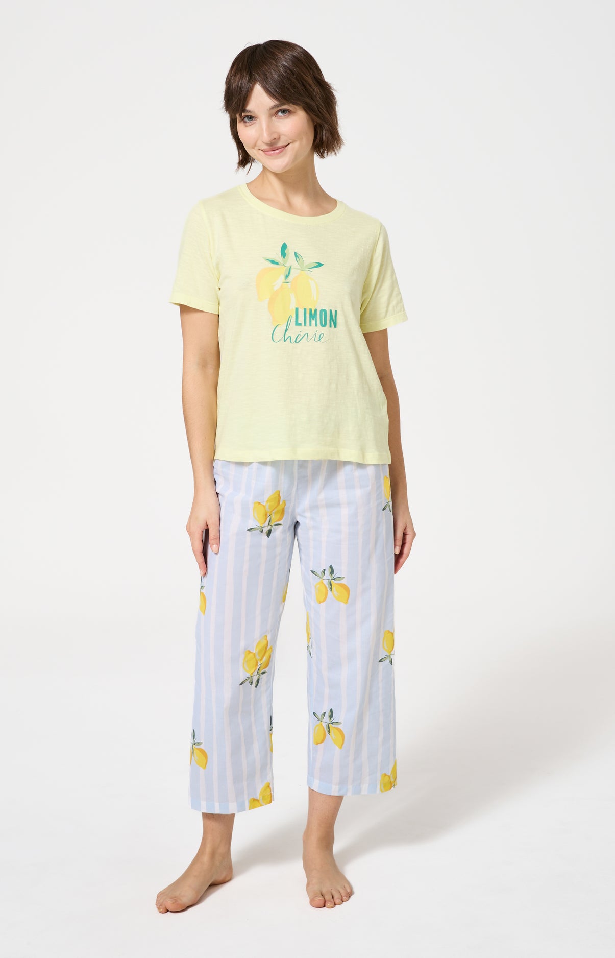 Pyjama Femme Lemon chérie Manches courtes Imprimé citrons jaunes et verts 1