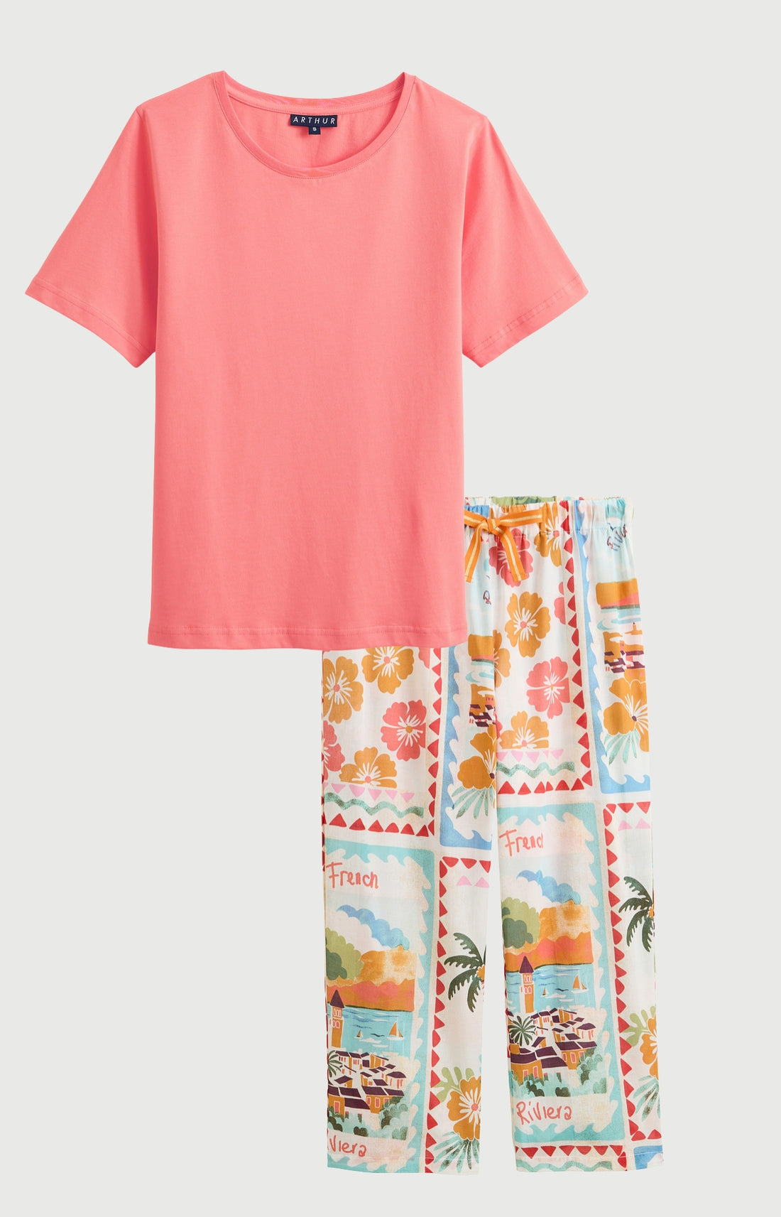 Pyjama Femme French Riviera Manches courtes Imprimé carte postale et fleurs multicolores 3
