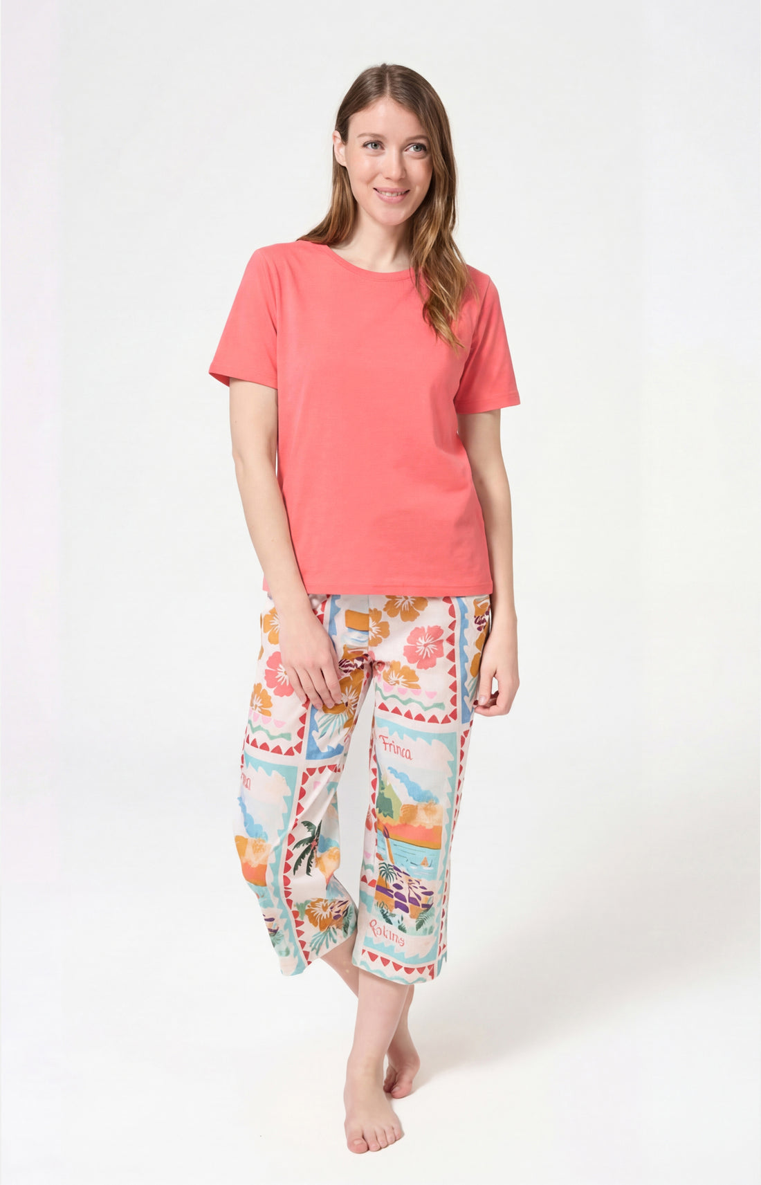 Pyjama Femme French Riviera Manches courtes Imprimé carte postale et fleurs multicolores 1