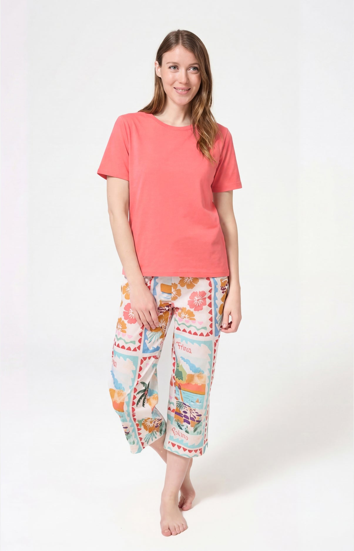 Pyjama Femme French Riviera Manches courtes Imprimé carte postale et fleurs multicolores 1