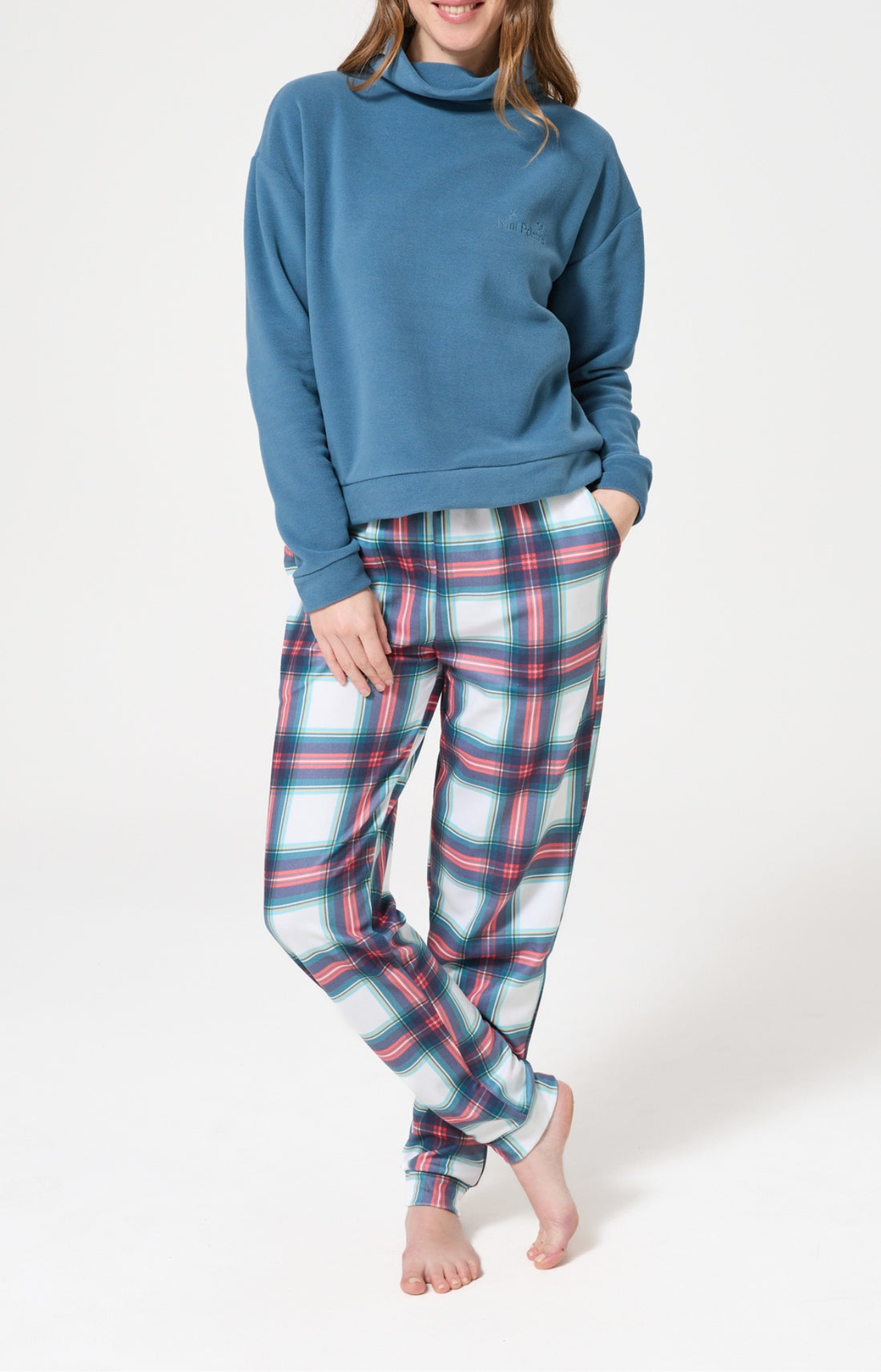 Pyjama polaire femme tartan bleu canard 1