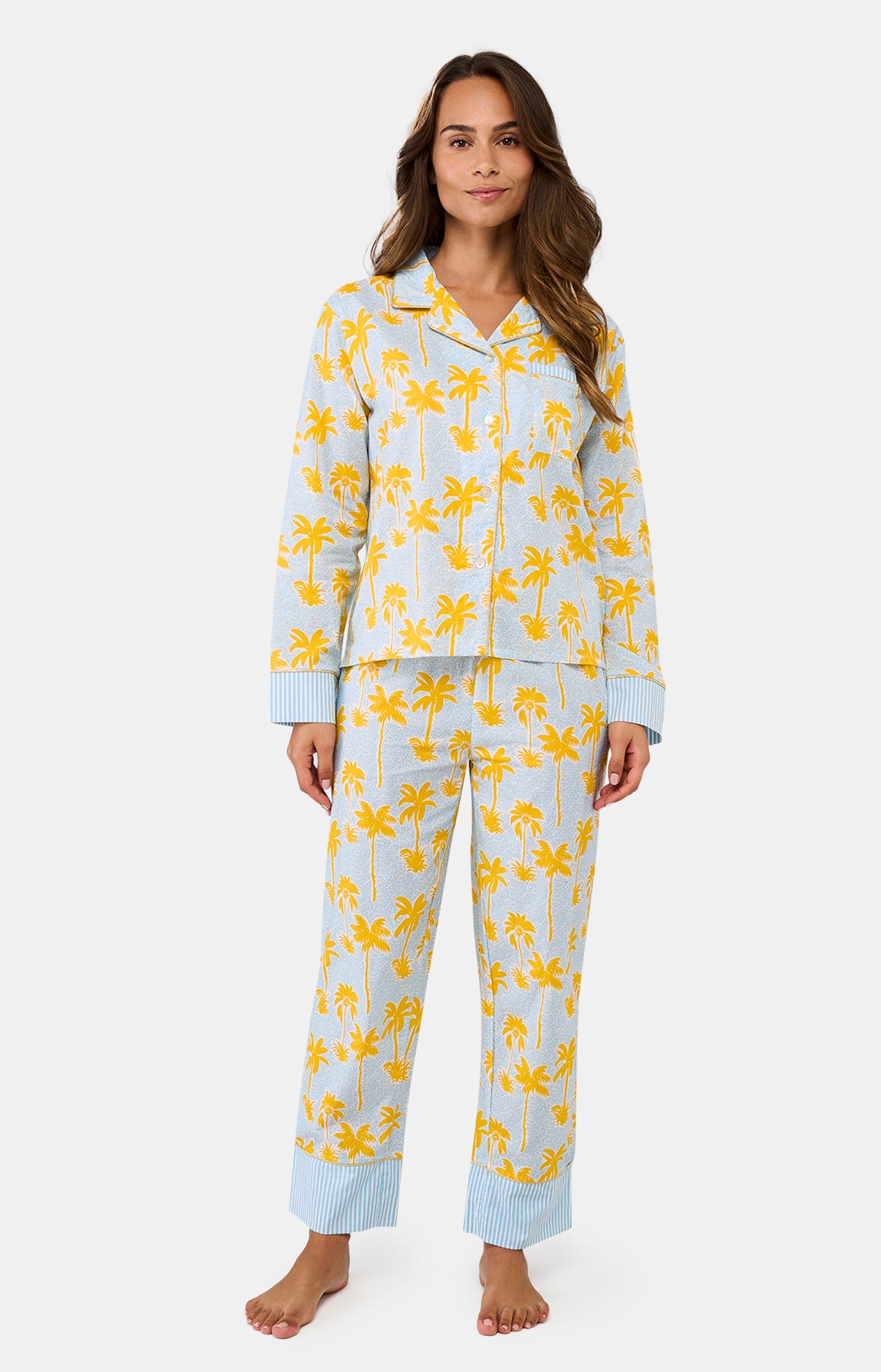 Pyjama long boutonné Femme Palmier Jaune et Bleu 2