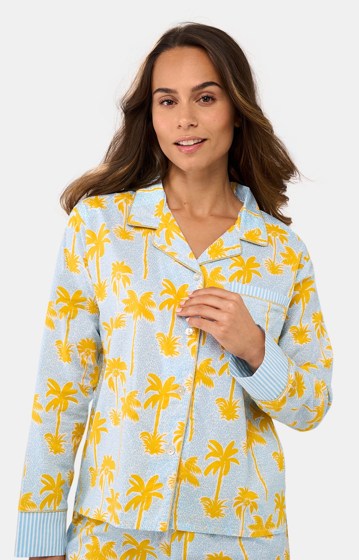 Pyjama long boutonné Femme Palmier Jaune et Bleu 4