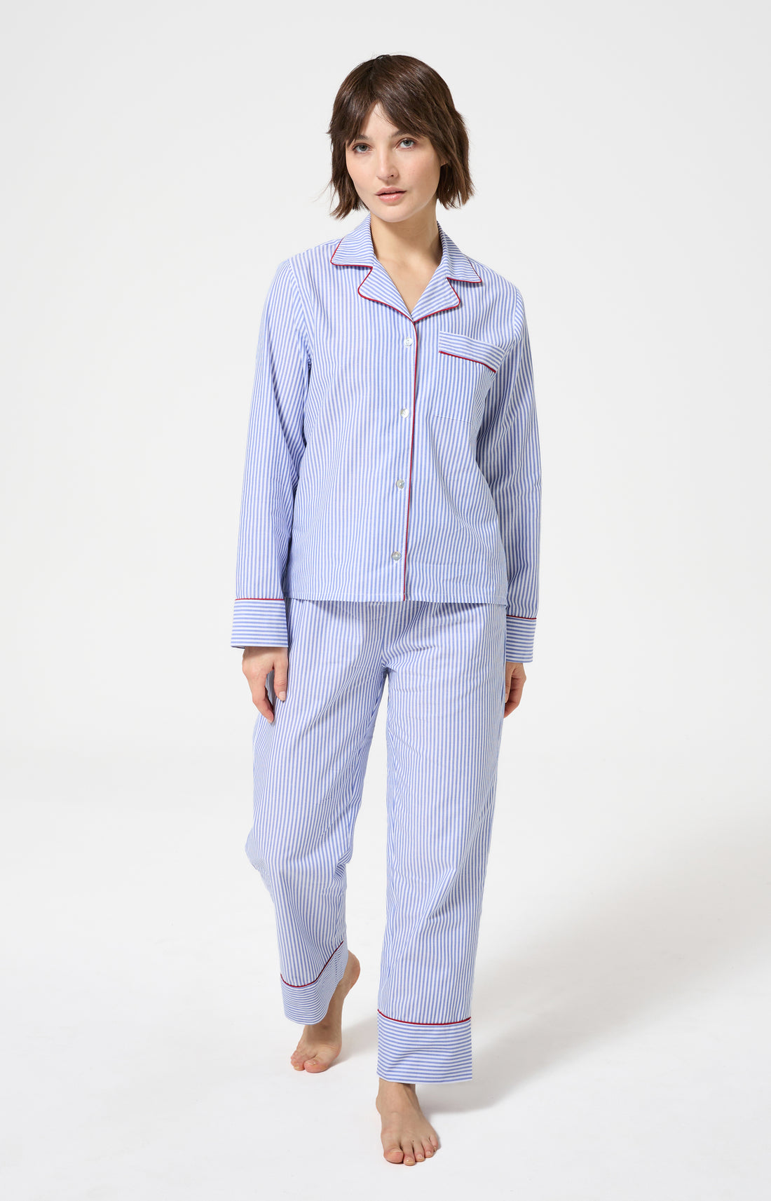 Pyjama boutonné à rayures bleu et blanc femme 1