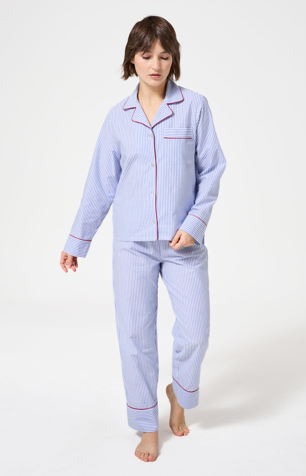 Pyjama boutonné à rayures bleu et blanc femme 4