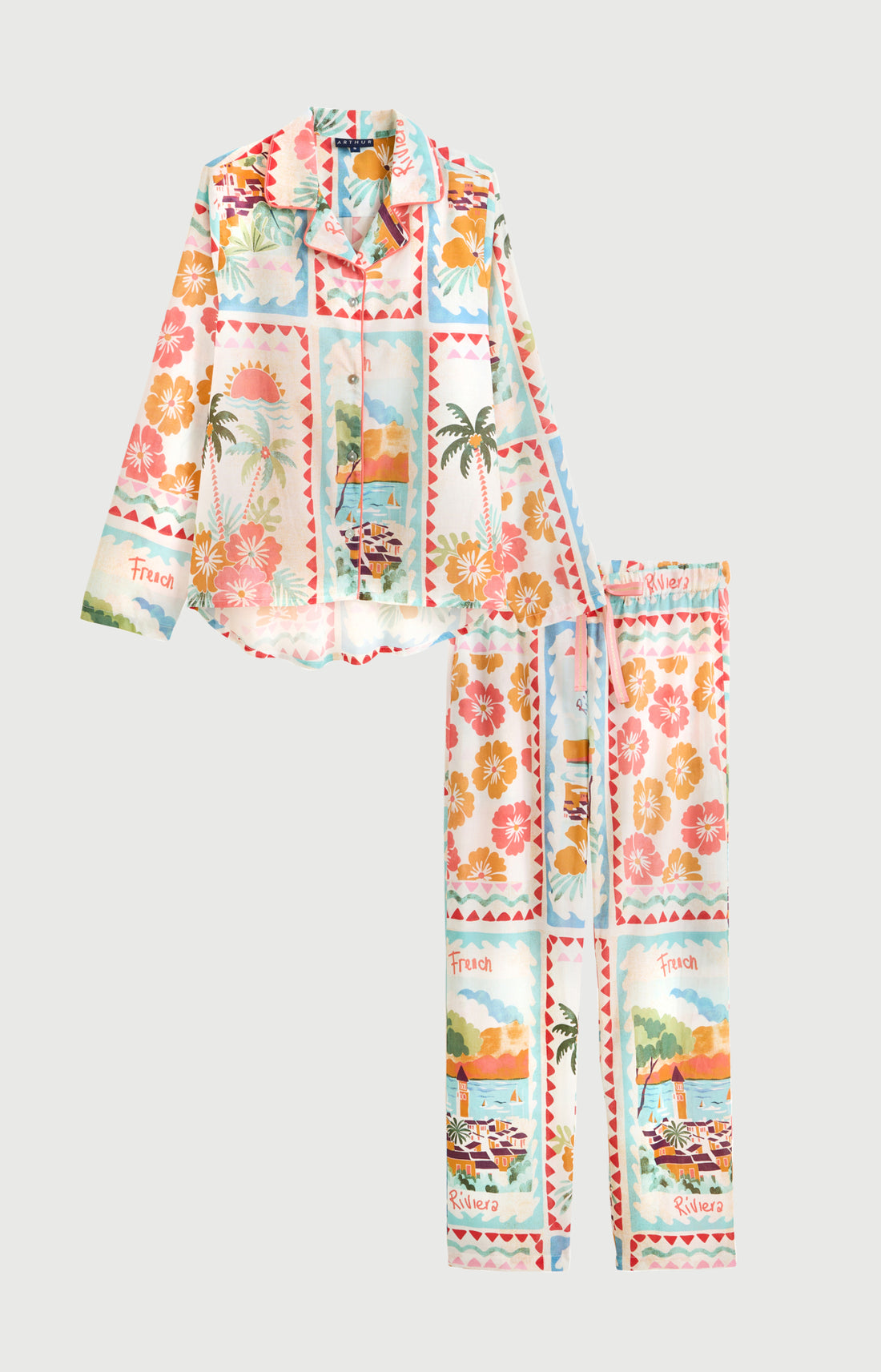 Pyjama Femme French Riviera Manches longues Imprimé carte postale et fleurs multicolores 3