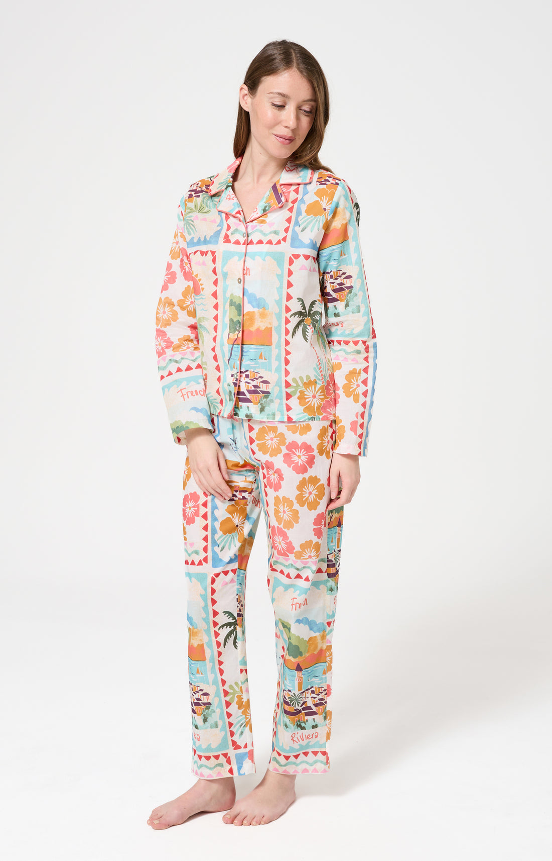 Pyjama Femme French Riviera Manches longues Imprimé carte postale et fleurs multicolores 1