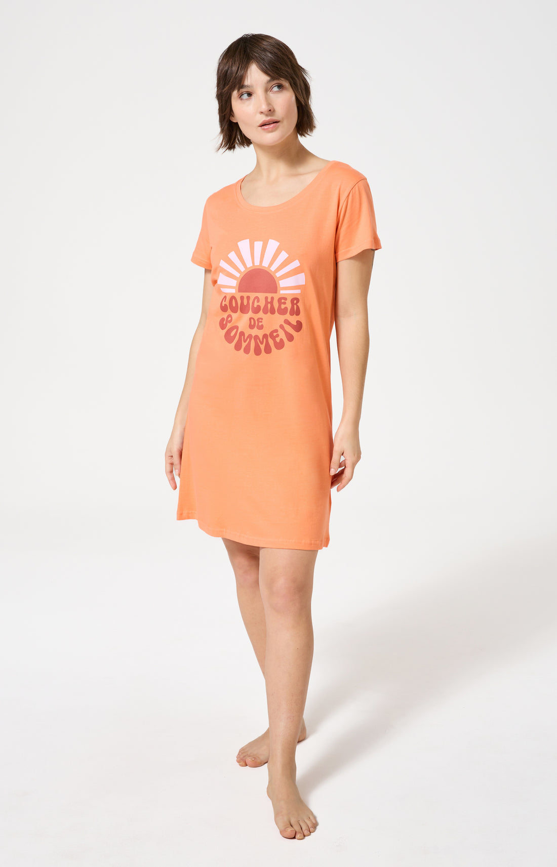 Chemise de nuit Femme Coucher de sommeil Manches courtes Imprimé coucher de soleil orange 1