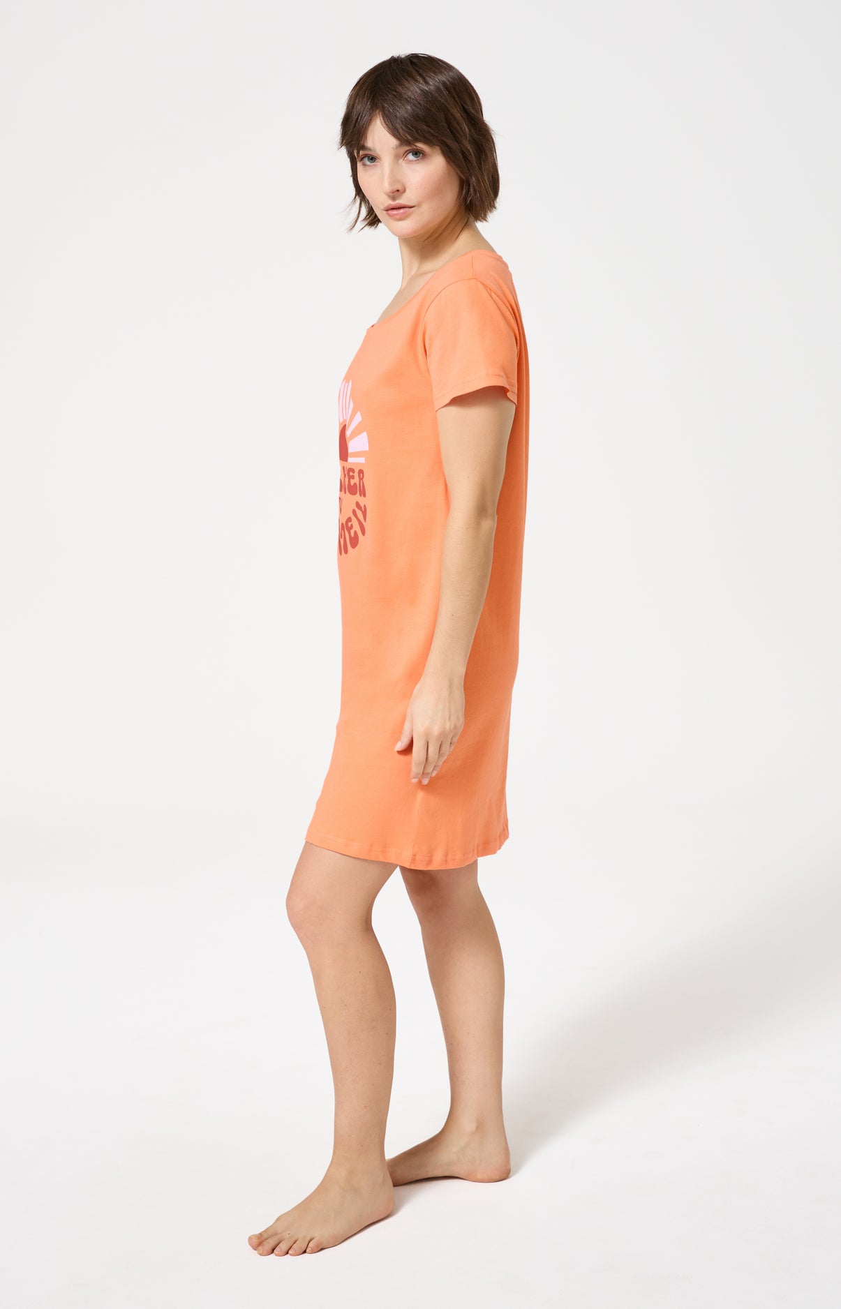 Chemise de nuit Femme Coucher de sommeil Manches courtes Imprimé coucher de soleil orange 4