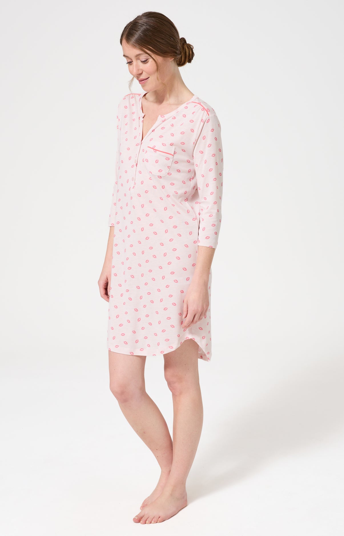 Chemise de nuit Femme Kiss Manches longues Imprimé bisous rouge à lèvre 4