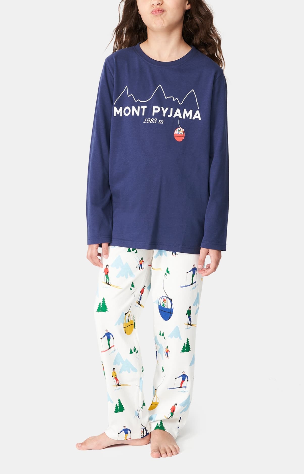 Pyjama long enfant ski et montagne bleu marine et blanc 4
