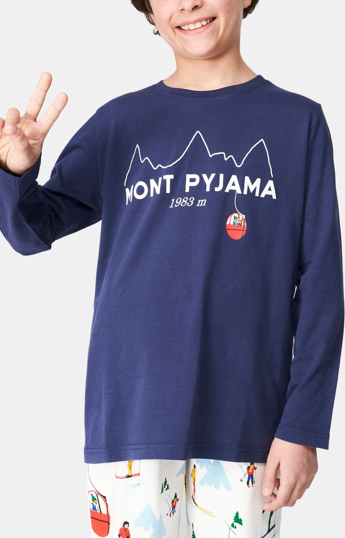Pyjama long enfant ski et montagne bleu marine et blanc 2