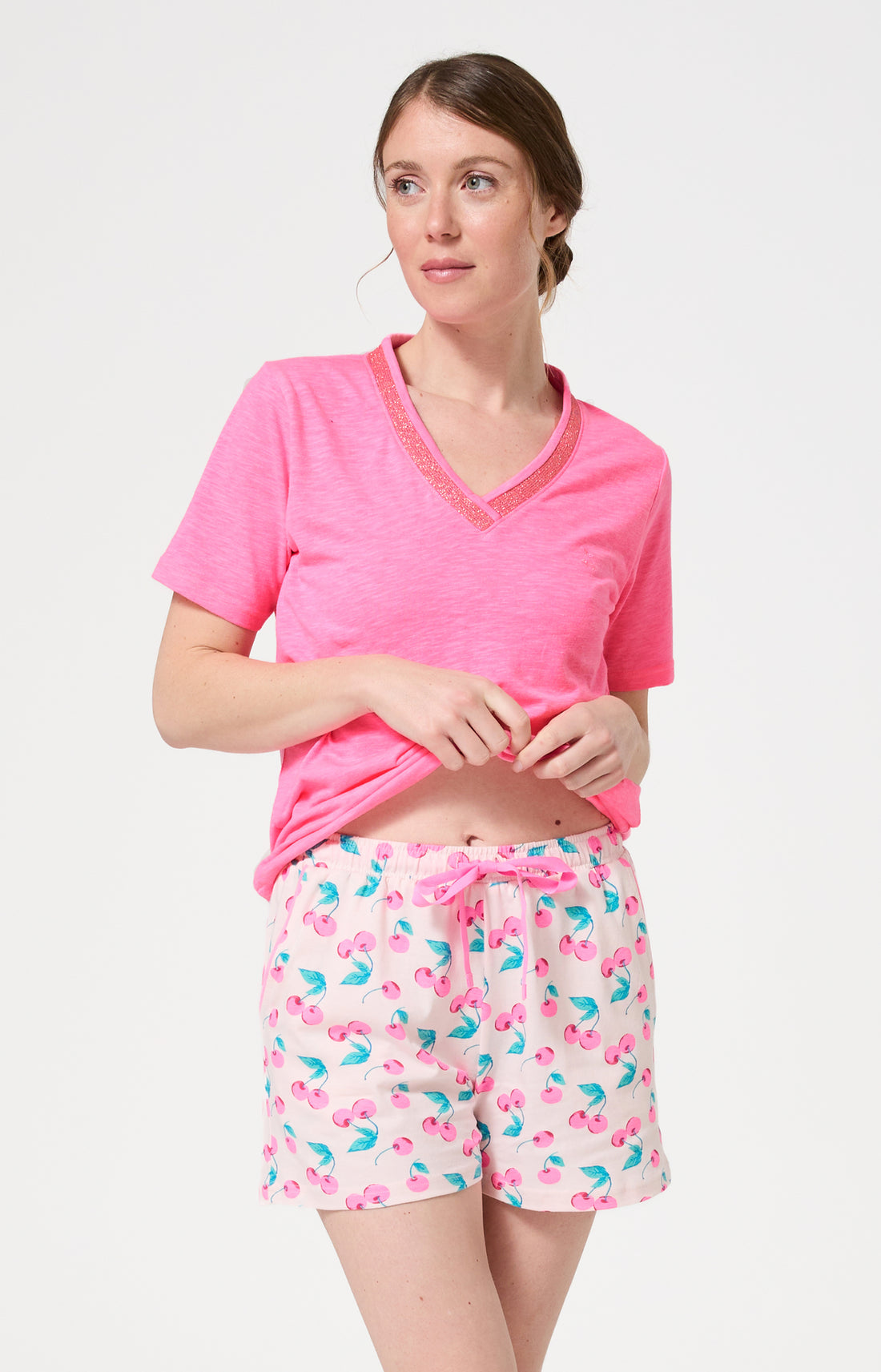 Bas Femme Amarena Imprimé cerise rose et verte 1