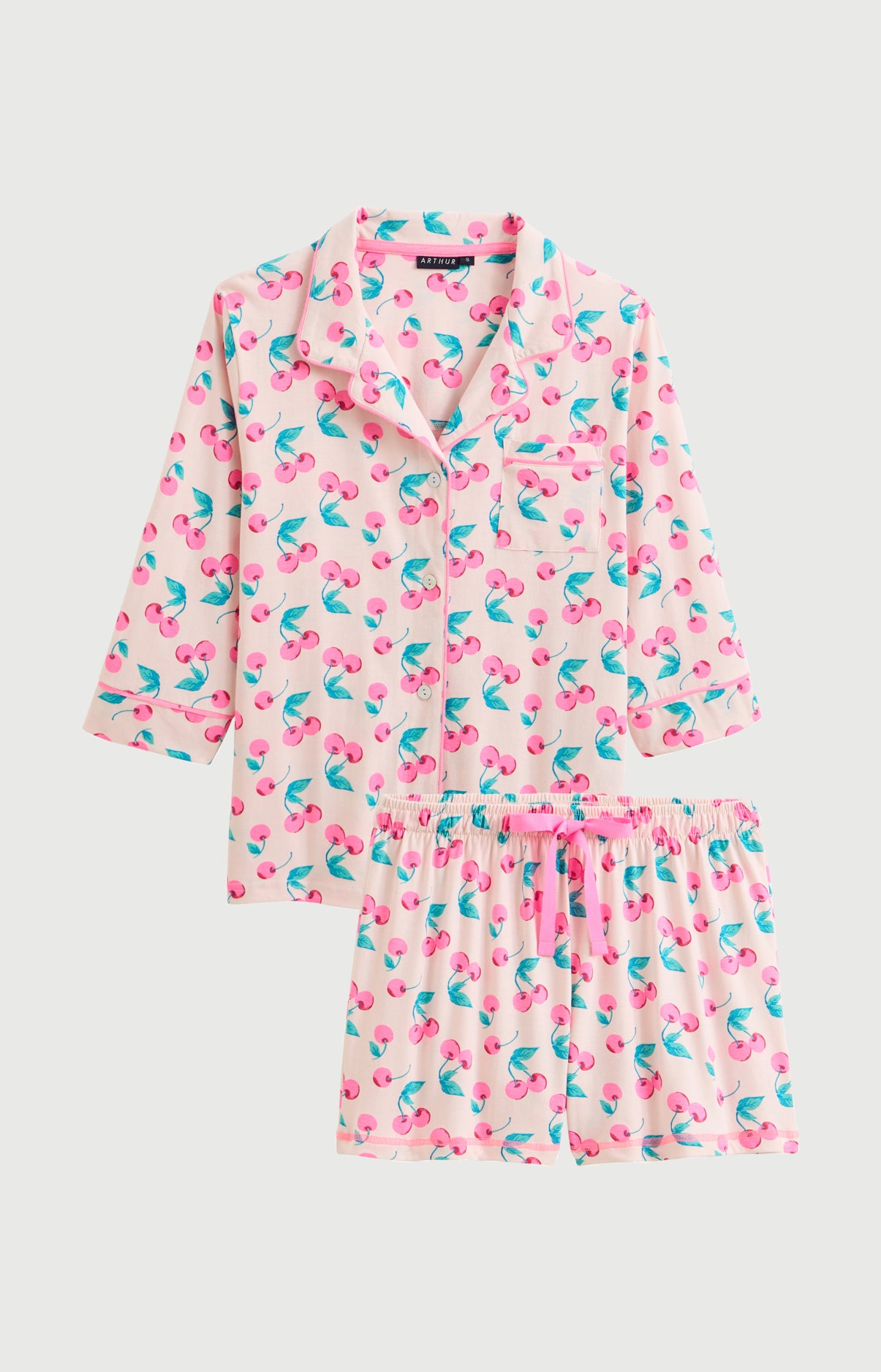Pyjama Femme Amarena Manches longues Imprimé cerise rose et verte 3