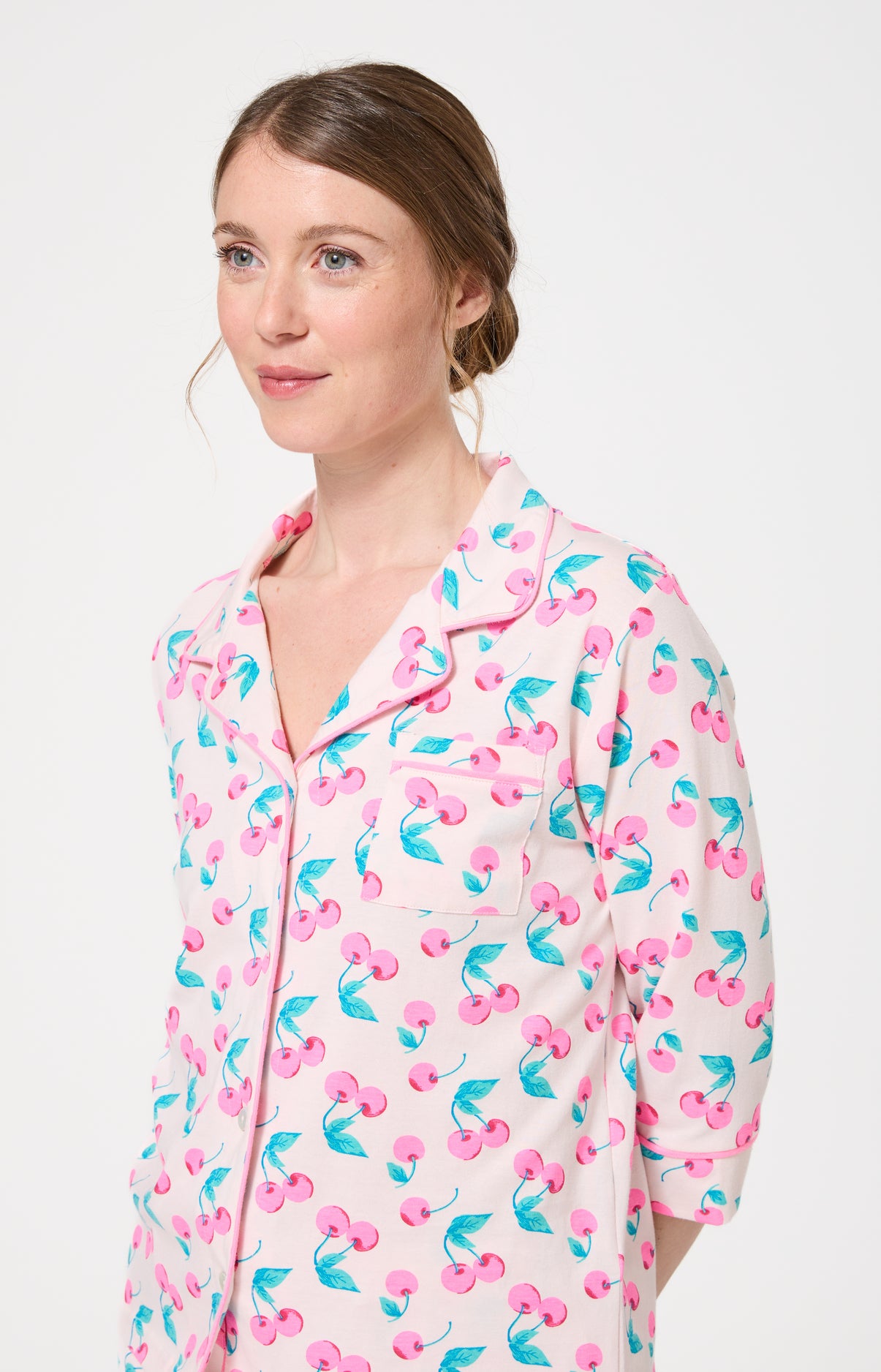 Pyjama Femme Amarena Manches longues Imprimé cerise rose et verte 2