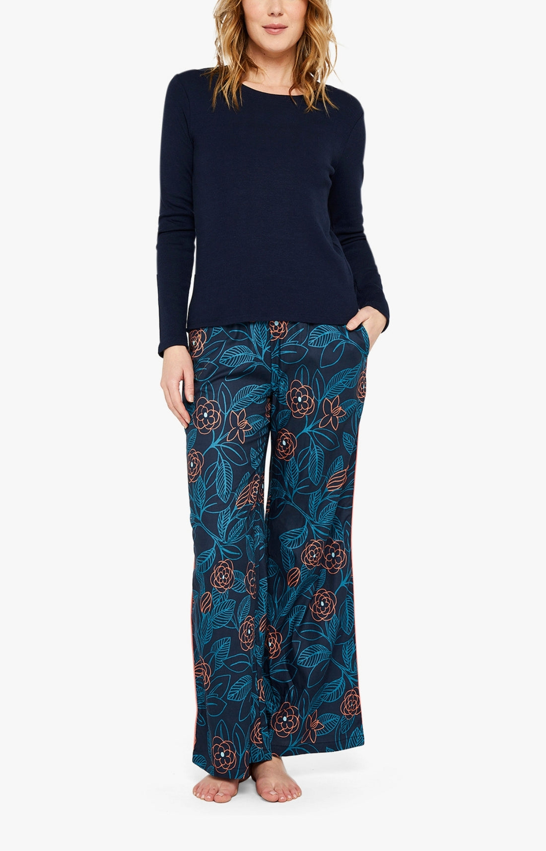 Pantalon Femme Fleurs Marine 1