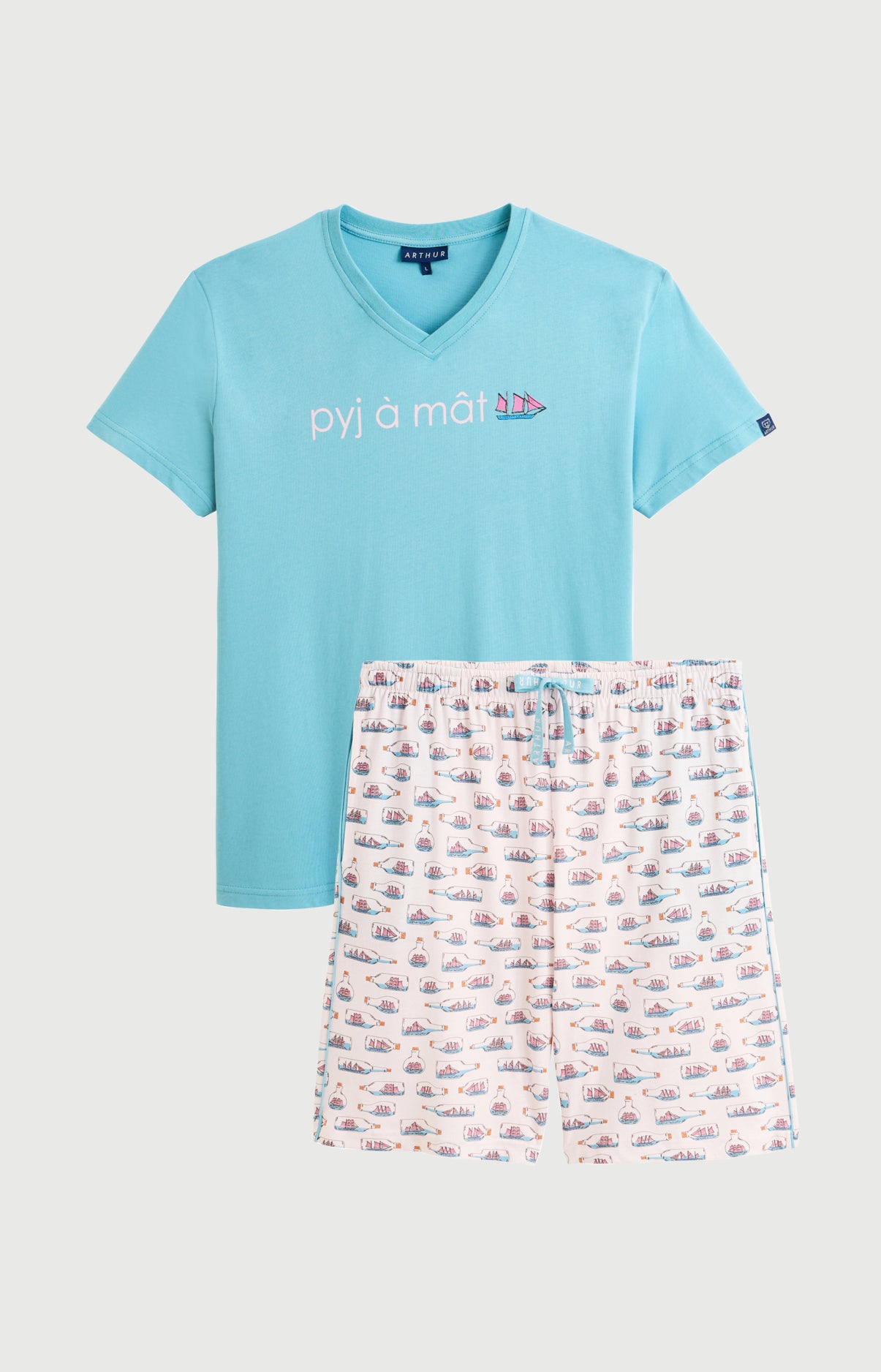Pyjama Homme Pyj à mât Manches courtes Imprimé bateaux bleus en bouteilles 3