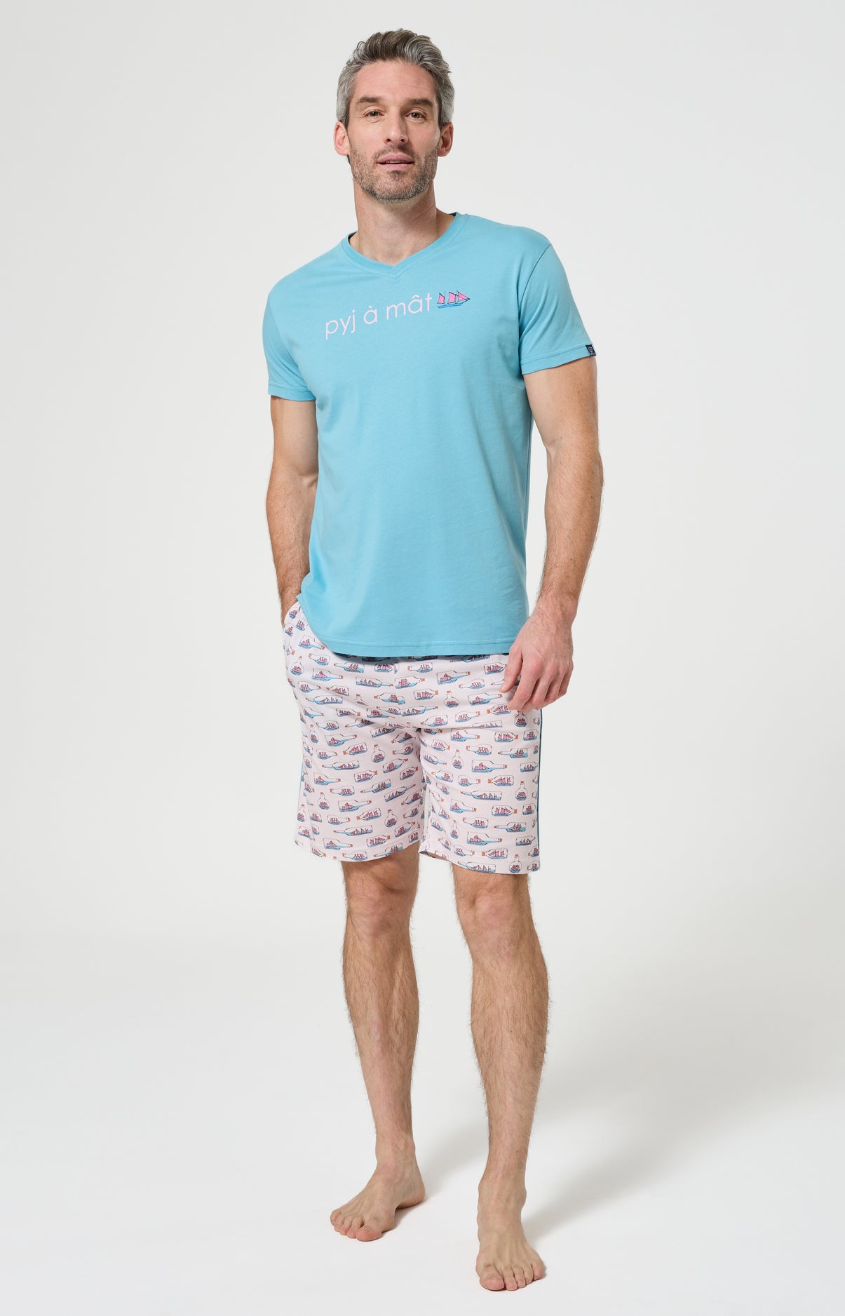Pyjama Homme Pyj à mât Manches courtes Imprimé bateaux bleus en bouteilles 4