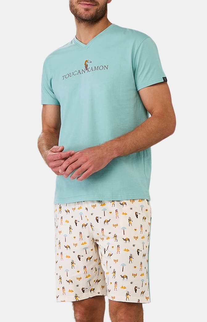 Pyjashort Homme Cléopâtre Bleu et Blanc et Ivoire 1