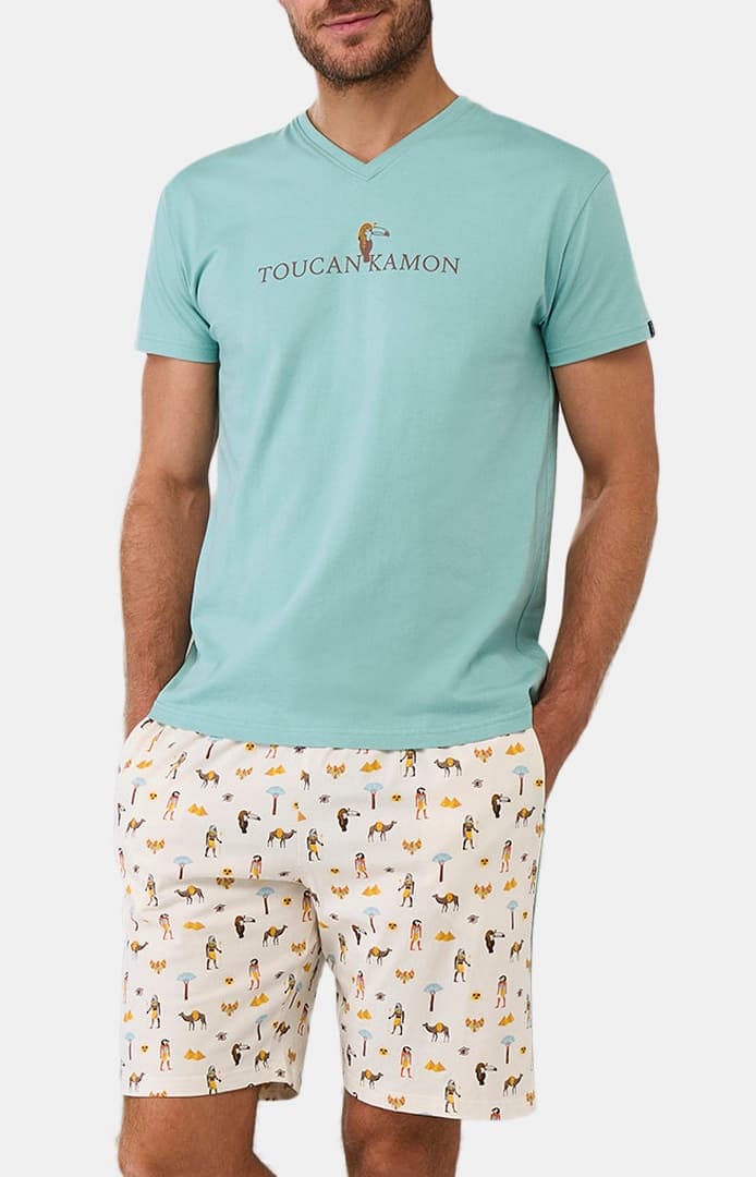 Pyjashort Homme Cléopâtre Bleu et Blanc et Ivoire 5