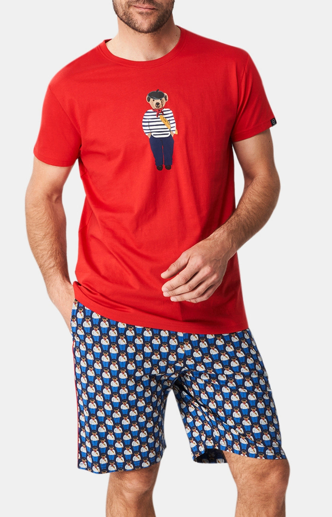 Pyjashort Homme Teddy In Paris Marine et Rouge 1