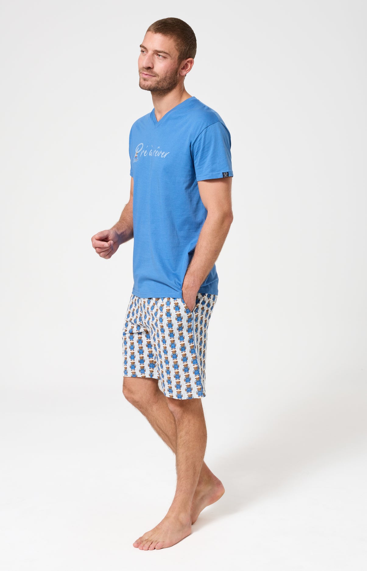 Pyjama Homme Pré à rêver Manches courtes Imprimé teddy campagne bleu et blanc 5