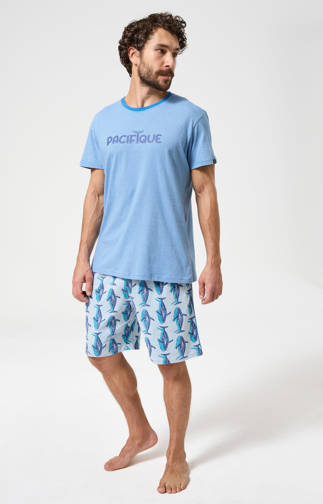 Pyjama Homme Pacifique Manches courtes Imprimé banc de baleines bleues 1