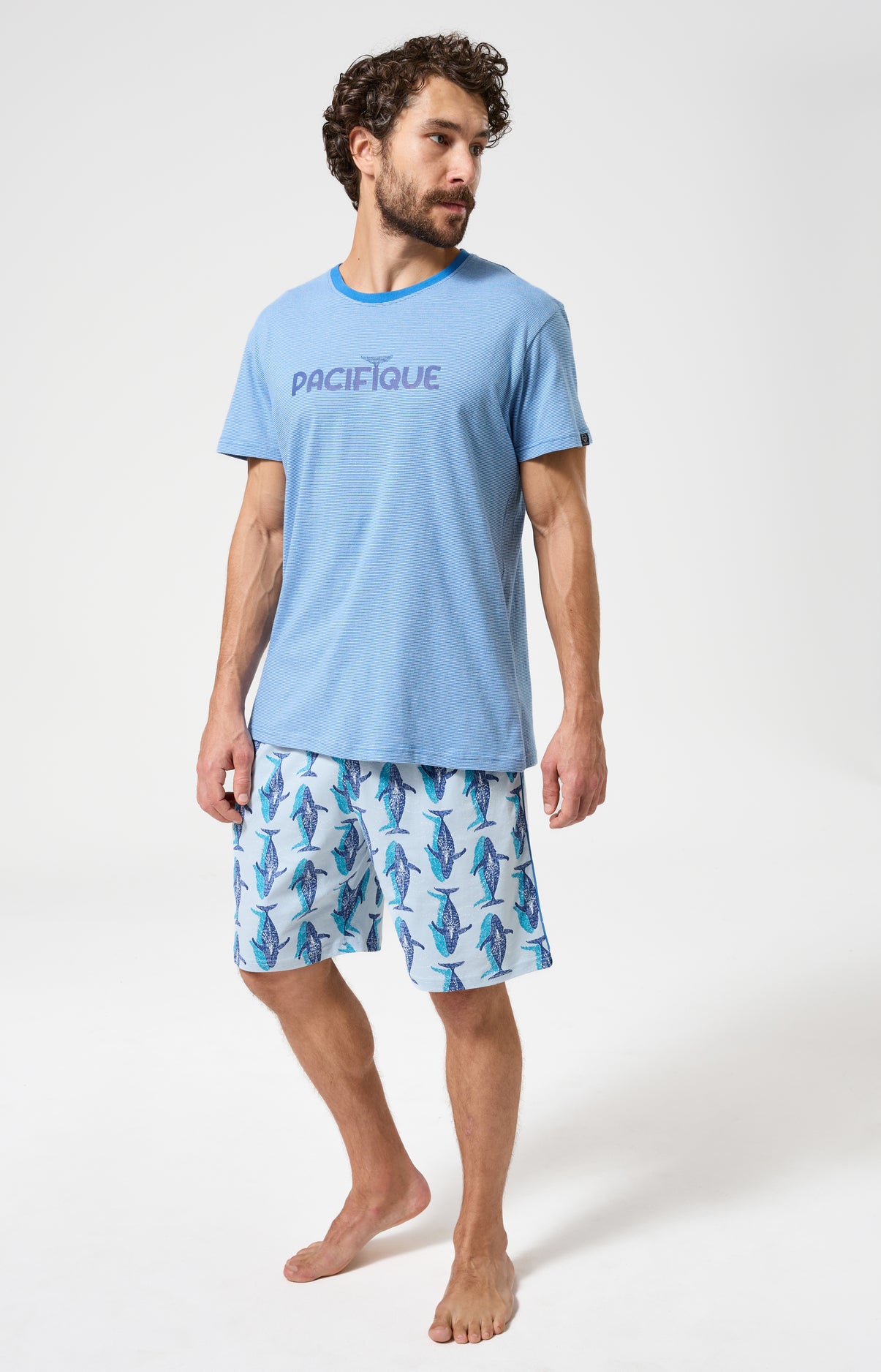 Pyjama Homme Pacifique Manches courtes Imprimé banc de baleines bleues 1