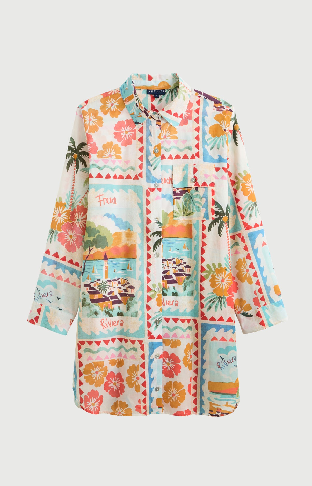 Chemise de nuit Femme French Riviera Manches longues Imprimé carte postale et fleurs multicolores 3