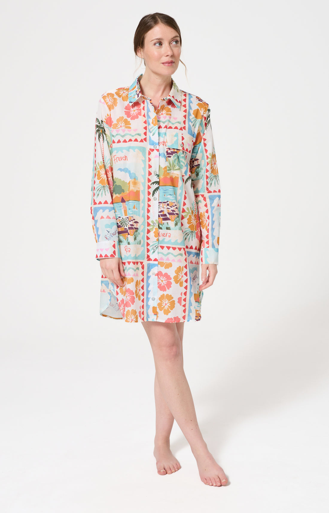 Chemise de nuit Femme French Riviera Manches longues Imprimé carte postale et fleurs multicolores 1