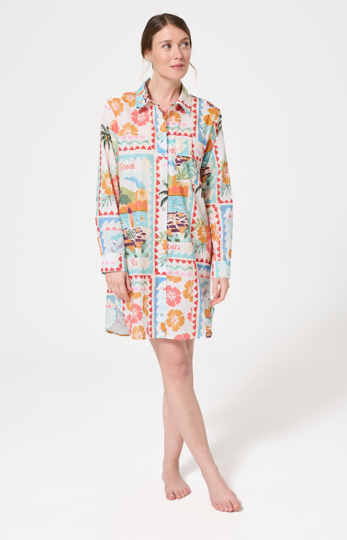 Chemise de nuit Femme French Riviera Manches longues Imprimé carte postale et fleurs multicolores 1