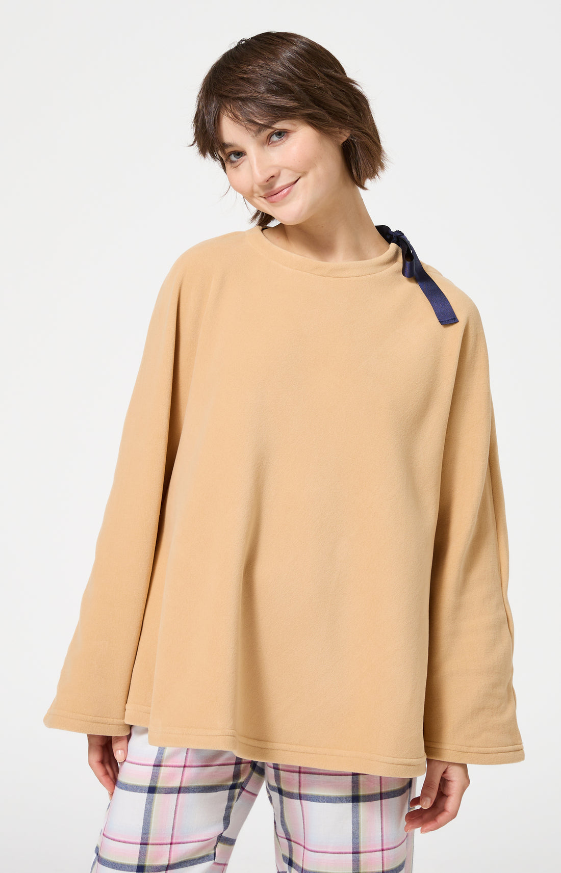 Poncho polaire femme couleur uni camel 1