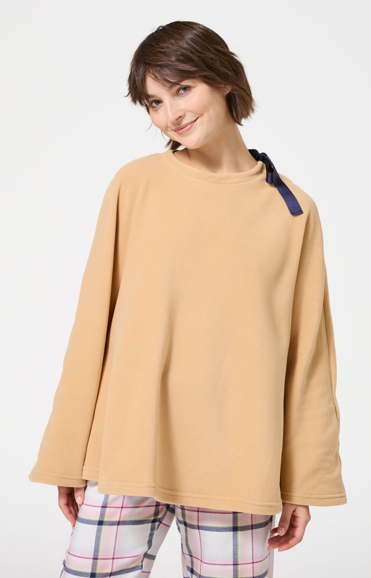 Poncho polaire femme couleur uni camel 1