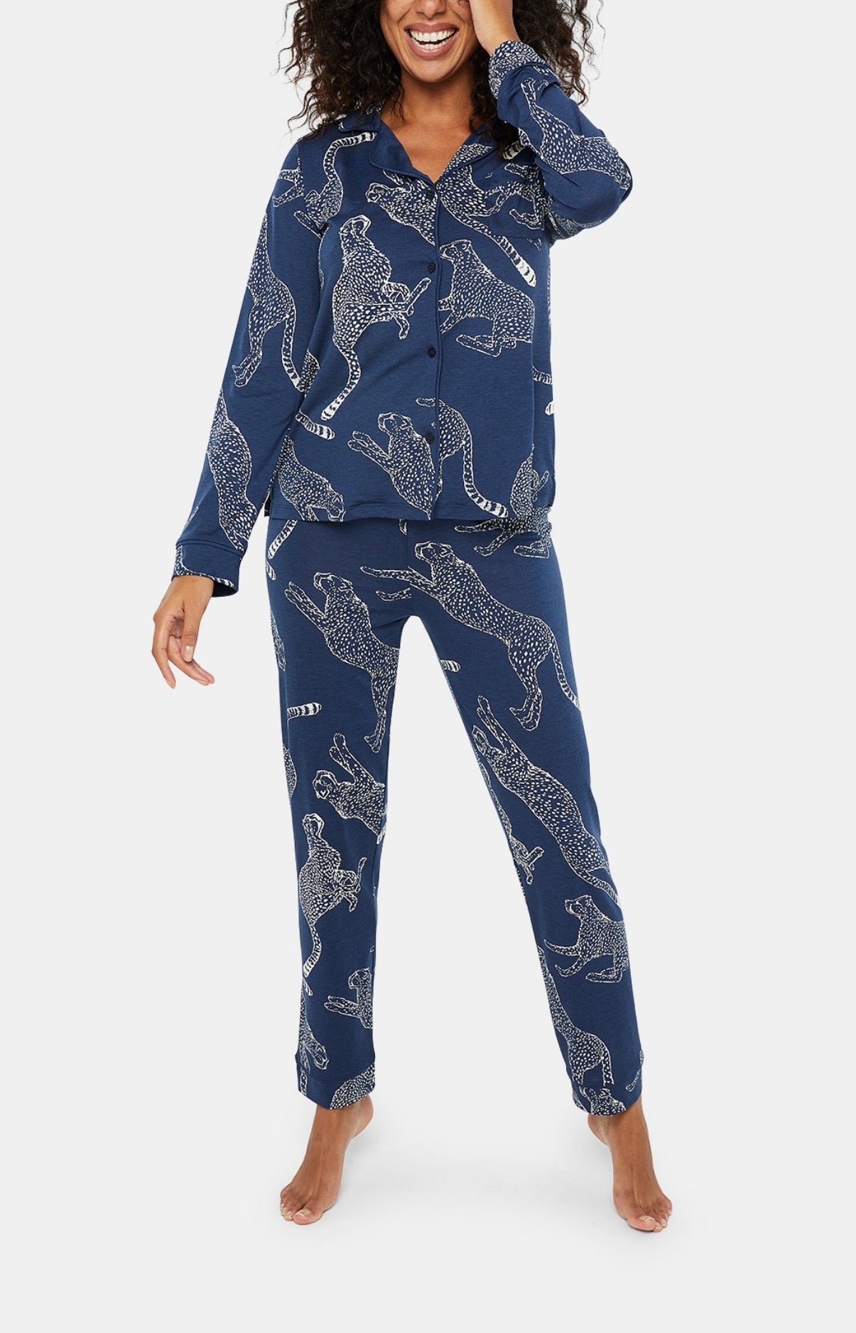 Navy Buttoned pyjama - Cheetah