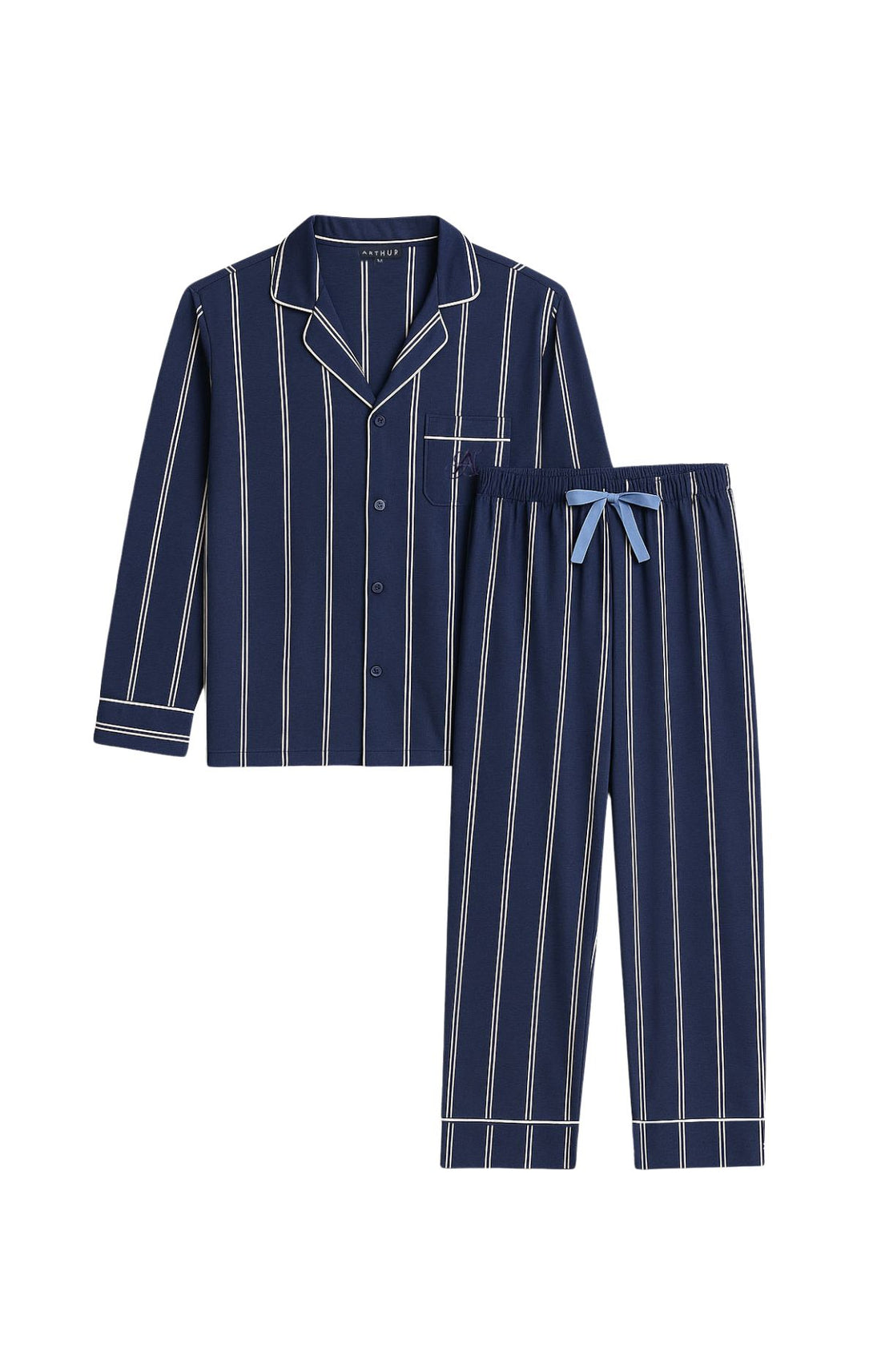 Pyjama boutonné rayé bleu marine et blanc Femme 3