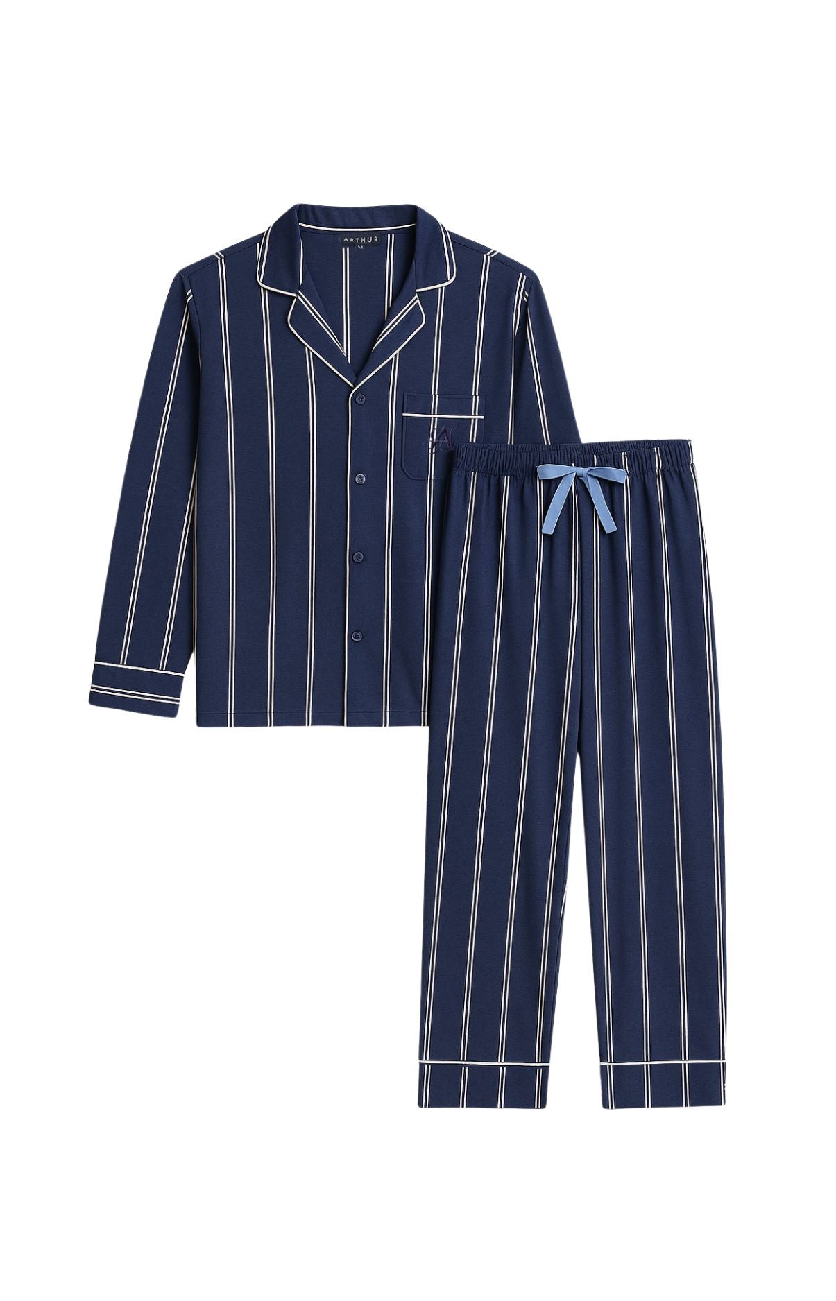 Pyjama boutonné rayé bleu marine et blanc Femme 3